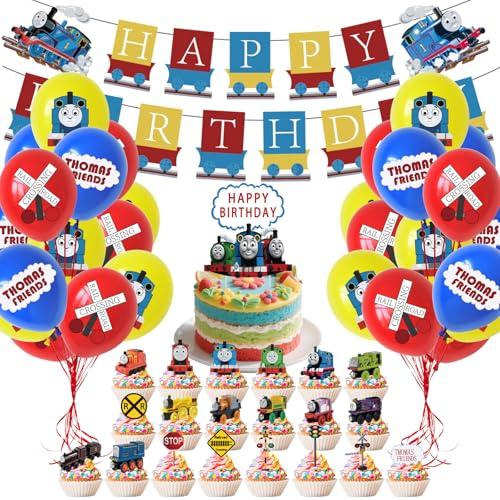 40 pcs Thoma Train Cake Decorations, Thoma Train Party Supplies | Happy Birthday Banner Big Cake Topper 20 Cupcake Toppers 18 Balloons