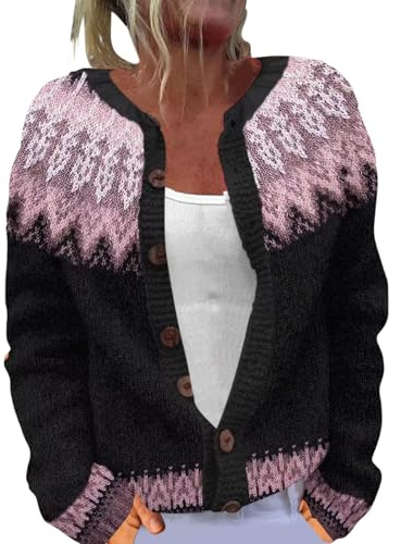 Cardigans pour Femmes UK Fair Isle Motif Nordique Tricoté Manches Longues Col Rond pour Automne et Hiver, Rose., M