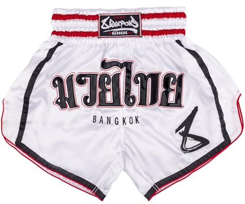 8 WEAPONS Muay Thai Shorts Bangkok, Weiß-Schwarz, Kickboxhose für Training & Wettkampf, Thaibox Shorts Polyester, Atmungsaktiv, Langlebig, Kampfsporthose für MMA, K1, Boxen, Thai Boxen