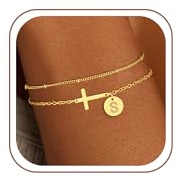 SLOONG Einschulung Geschenk - Armband mit Buchstaben für Frauen Mädchen | Vergoldet/Versilbert Kreuz Armband Hypoallergen Herz Armbänder Geburtstagsgeschenk Geschenke für Frauen Mädchen Kinder