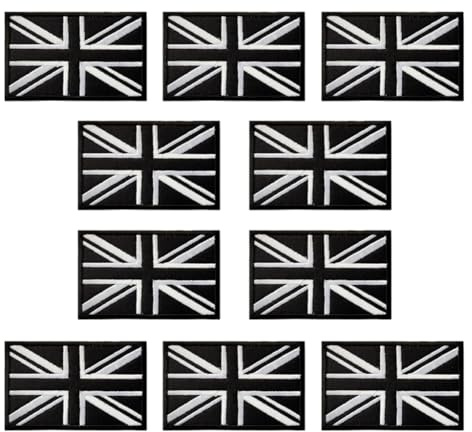 10 PCS Iron on Sew On British Union Jack United Kingdom Flag Embroidered Emblem Patches Great Britain Applique Patch for Clothes Backpack Bags Uniform Caps Tactical Military-Black