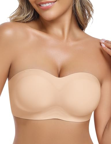 Yuson Girl Reggiseno Senza Spalline Donna Antiscivolo Bandeau Senza Ferretto con Coppe Rimovibili e Trasparente Spalline Reggiseno Invisibile Push up per Abiti a Spalle Scoperte(Pelle, S)