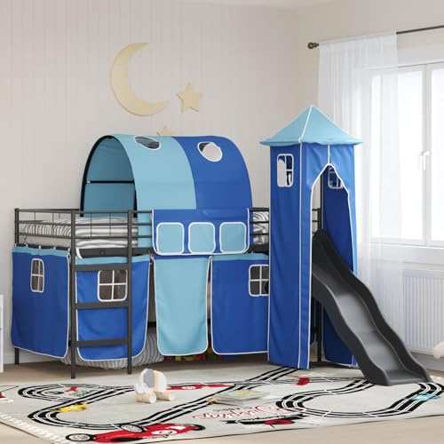 Kaloriko Schwarzes & Blaues Hochbett mit Rutsche, 79,5x200 cm, Metallrahmen, Spielturm, Vorhänge, Kinderbett für Jungen & Mädchen, Einzelbett