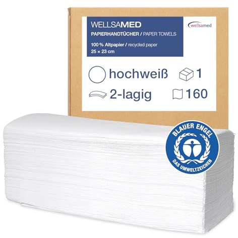 Wellsamed Papierhandtücher 160 Stück, 25 x 23 cm Hochweiß 2-lagig, ZZ-Falz umweltfreundliche Falthandtücher, Handtuchpapier, Papiertücher