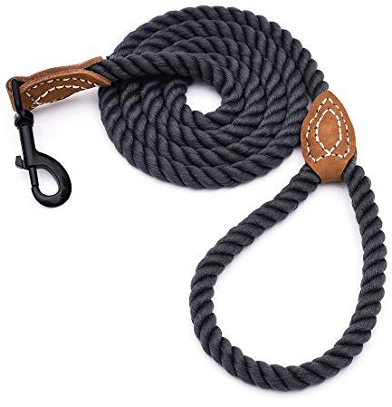 Mile High Life Dog Leash | Braided Cotton Rope Dog Leashes with Leather Tailor Tip | 4 Feet Dog Leash w Heavy Duty Metal Clasp | Wedding Dog Leash (Dark Grey, 48 Inches)