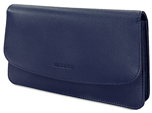 MANAGE Kosmetiktasche Damen mit Spiegel - Schminktasche klein aus echtem Leder - edle Clutch Blau 18,5x10x3,5cm
