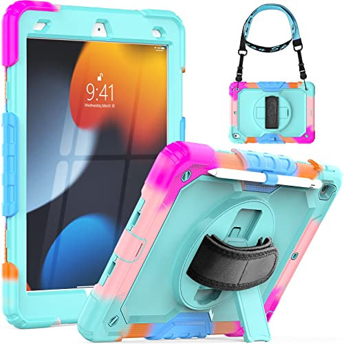 SEYMCY Funda para iPad de 9ª/8ª/7ª generación para niños de 10.2 pulgadas, resistente a prueba de golpes, con correa de mano giratoria y soporte, protector de pantalla, correa de hombro, soporte para