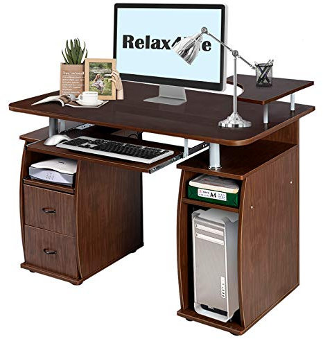 RELAX4LIFE Bureau d'Ordinateur avec 2 Tiroirs, Tablette Imprimante et Tablette à Clavier, Bureau Informatique avec Compartiments de Rangement pour Bureau Salon Étude, 120X55X85CM (Noyer)