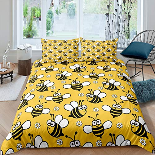 Loussiesd Biene Betten Set Süß Biene Blumendruck Bettbezug Set für Kinder Jungen Mädchen Bienenstock Honig Bettwäsche Set 135x200cm Karikatur Biene Bettwäsche 2St