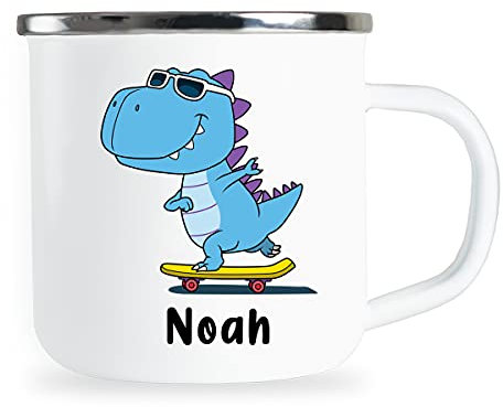 Noah Personalisierte Kindertasse mit Name und lustigem Dinosaurier Motiv Emaille Tasse individuelle Geschenke Kind Geburtstag Junge Mädchen Metallbecher Emailletasse Geschenkidee