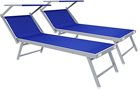 Bricozone Set Da Due Lettini Prendisole Professionale Pieghevole In Alluminio Tettino Parasole Tettuccio Orientabile Sdraio Lettino Prendi Sole 182 x 60 x 38 cm Mare Spiaggia Piscina Giardino (Blu)