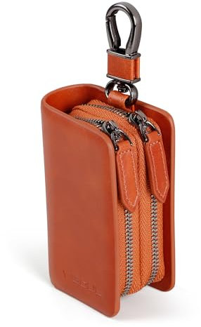 VISOUL Echt Leder Autoschlüssel Abdeckung Schlüsseltasche Auto Schlüssel Anhänger Antik Vintage Doppelter Reißverschluss Karabienerhacken Tasche Braun E01