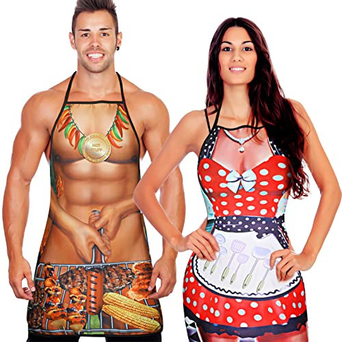 2 Stück Lustige Geschenke Set für Herren Damen Neuheit Grillschürze Muskel Kochschürzen Verstellbar Wasserdicht Küchenschürze für Weihnachten BBQ Party Erwachsene Paare (Küchen Stil)
