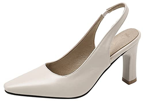Diuniarza Damen Slingback-Schuhe mit Blockabsatz Pointed Toe Elegante Pump Ohne Verschluss Pump mit Hohem Absatz Und Kleid, 3861Ofc Beige Gr 41 EU