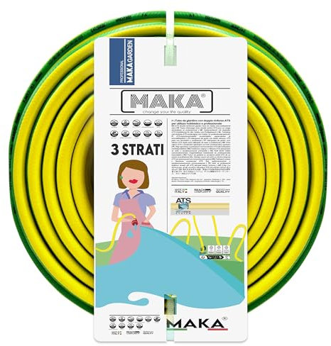 MAKA Tubo per Acqua Giardino 50 Metri 3/4 Pollice 3 Strati Pressione 20 Bar, Canna Acqua Giardino, Flessibile Doppio Rinforzo Tessile Retinato Magliato Resiste a Caldo Gelo UV 4 Stagioni