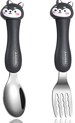 2PCS Cuillere Bebe, Witbicg Fourchette Bebe, Cuillère Bebe Nourrir Le Bébé, Augmenter l'Appétit, l'Enthousiasme Et Le Plaisir De Manger,Cuillère d'Animaux Lave-Vaisselle (Noir)