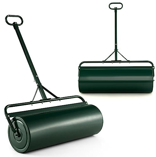 GiantexUK 48L/63L Garden Lawn Roller, Water/Sand Filled Lawn leveller with Scraper Drum & Removable Drain Plug, Heavy Duty Metal Lawn Push Rolling Tool for Grass Seed (63L, 137cm T-Handle, Green)