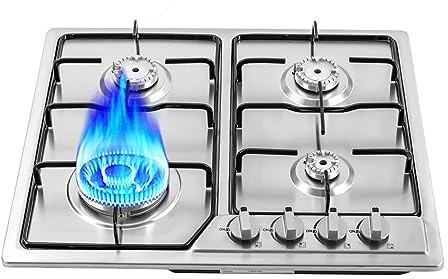 Plaque de cuisson à gaz, 4 feux, réchaud de camping, 58 x 52 cm, en acier inoxydable, pour gaz propane et gaz naturel, plaque de cuisson encastrable pour la maison et le camping-car (allumage par