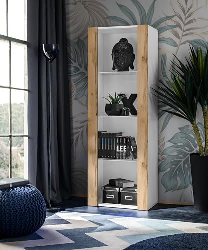 Komodee, Vitrine Schrank Tivoli, Wotan/Weiß, Breite 55cm x Höhe 159cm x Tiefe 35cm, ohne LED, 3 Regalböden, für Wohnzimmer, Schlafzimmer, Eingang