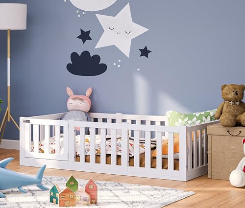 Bellabino Tapi Bett 80x160 cm, Kinderbett mit Rausfallschutz, inklusive Lattenrost, Montessori Bodenbett für Jungen und Mädchen aus Kiefer Massivholz, weiß lackiert, Bed