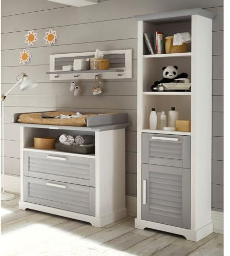 Lomadox Babymöbel Set Wickelkommode Wickelaufsatz abnehmbar Wandboard Standregal Kiefer massiv weiß mit grau