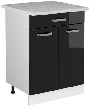 Vicco Meuble Cuisine R-Line, Noir Haute Brillance/Blanc, 60 cm avec tiroir, PT Marbre