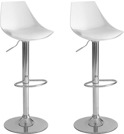 LOLAhome Set de 2 Taburetes Altos Cocina Giratorios en 360°, Juego de Sillas de Bar Regulables en Altura de 83 a 104 cm, con Respaldo, Material Polipiel, Estructura Metal y Reposapiés, Blancos