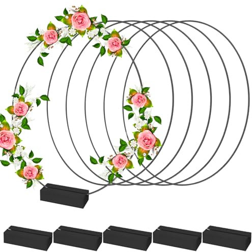 PRITOK Metallringe zum Basteln 6 Stück 30CM Metallring Schwarz mit 6 Stück Schwarz Holzständer, Dekoring mit Fuß Metallring für DIY Blumen Basteln Handwerk, Hochzeitstischdekoration