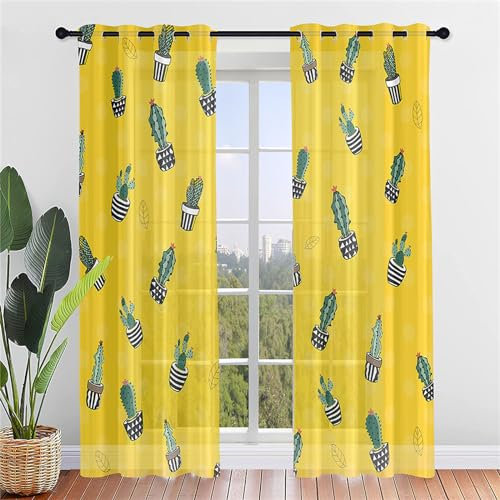 Odot Rideau Voilage Occultant, Motif Cactus 3D Rideau Occultant Fenêtre Chambre 2 Panneaux Rideaux Voilages avec Oeillets Rideaux Semi Transparent pour Salon (Cactus Vert,107x160cm)