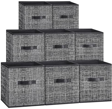 SONGMICS Storage Cubes, 26 cm Non-Woven Fabric Bins with Double Handles, Set of 8, Wardrobe Organisers for Shelves, Foldable, for Clothes, Ink Black ROB826B01