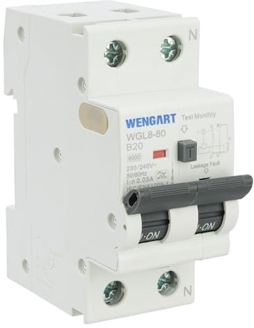 Wengat WGL8-80 Disjoncteur différentiel type A 6kA, CA230V 20A, 1P+N 30mA Arrêt à un bouton Protection complète pour appareils électriques