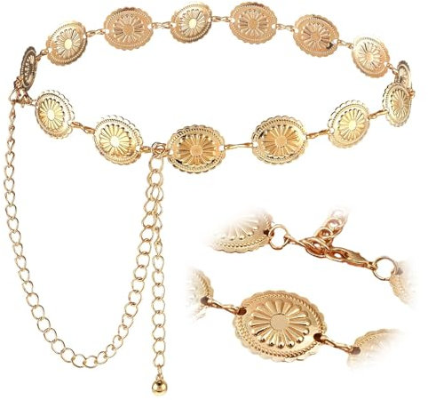 Gold Chain Belt for Women, Adjustable Western Metal Concho Belt, Classic Hollow Daisy Chain Belt, Vintage Boho Waist Chain Body Link Cowgirl Belt for Dresses Jeans Pants Dress