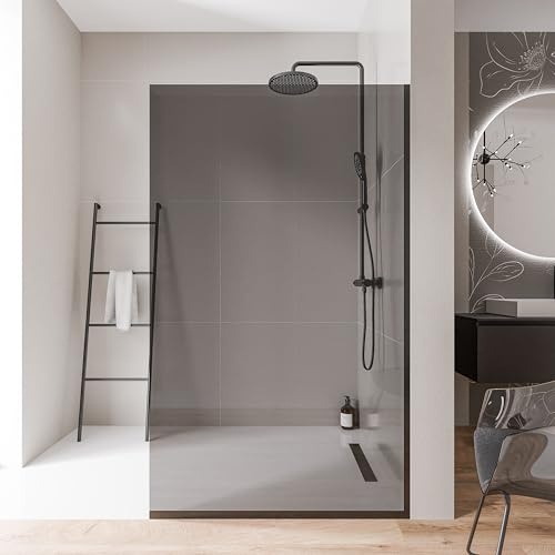 Bernstein Walk-In Dusche EX102 - Duschabtrennung 120 x 200 cm, 10 mm Graues ESG-Sicherheitsglas, Nano-Beschichtung, Schwarz Edelstahlprofile, Glaswand, Glastrennwand, Ebenerdige Dusche mit Bodenprofil