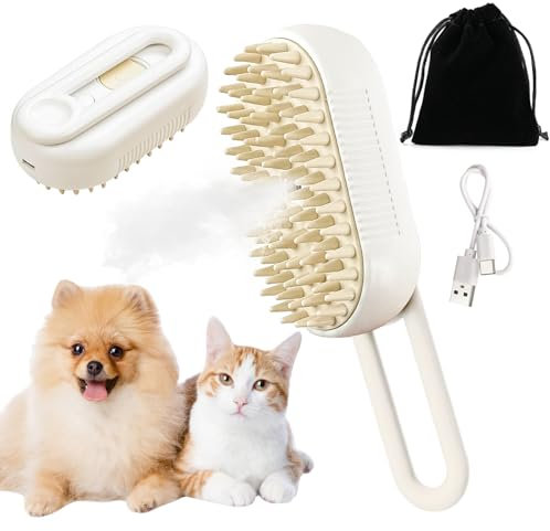 TAIHOBO Katzenbürste mit Dampf, 3 in 1 Weiß Dampfbürste Katze für Langes/Kurzes Haar, Elektrische Katzen Bürste, Cat Brush mit Samtbeutel, Dampfbürste Hund für Haustier Massagen Pflege Haarentfernung