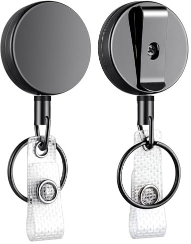Teskyer 2 Pezzi Porta Badge Retrattile, Portachiavi Retrattile, Metallo, Corda di Nylon, Argento-nero