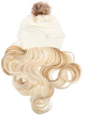 NOLITOY Langhaarperücke Mit Beanie Wellige Haarperücke Für Frauen Abnehmbare Mütze Warme Wintermütze Mit Pom Pom