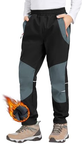Zoofly Kinder Softshellhose Schneehose Warm Outdoorhose Wanderhose Kinder Skihose Thermohose Jungen Mädchen Gefüttert Trekkinghose Outdoor Hose, Schwarz/Grau 152-158