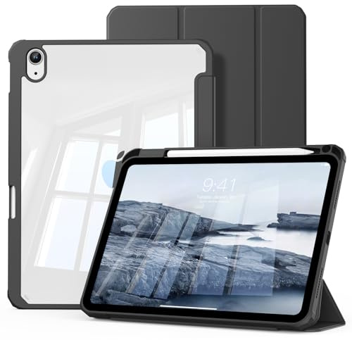 GKABXY Schutzhülle für iPad Air 11 Zoll M2 (2024), iPad Air 5/4 (2022/2020 27,7 cm) mit Stifthalter, transparente Rückschale mit dreifach faltbarem Ständer, stoßfeste Abdeckung, schwarz