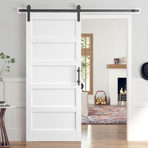 ROYMELO Lastra bianca per porta scorrevole da fienile, 84 x 213 cm, con kit hardware da 1,8 m incluso, 5 pannelli, pannello in legno MDF rivestito con superficie in PVC impermeabile antigraffio,