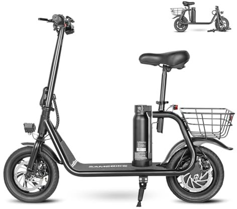 SAMEBIKE Electric Scooter for Adults, 36V 7.8AH Removable Battery Electric Scooters With Saddle, 12’ Aluminium Wheels, with Basket
