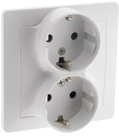 Zenitech, Base Schuko Doble Empotrada Blanca Orys – Conexión rápida con pestañas, Fijación con garra/tornillo, Montaje en caja de empotrar, Dimensiones compactas 3,4 x 8,8 x 8,8 cm