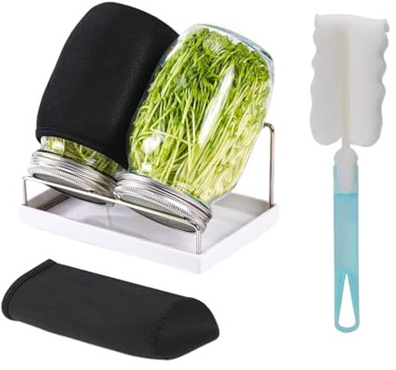 Yuedefly Sprossenglas-Set, 2 große Gläser mit breiter Öffnung und Edelstahl-Keimdeckel, 2 Verdunkelungshüllen, Ablaufschale, Edelstahlständer für Brokkoli, Luzerne, Mungbohnen
