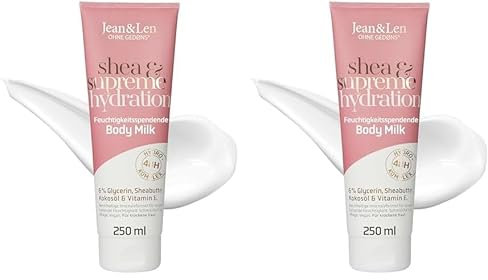 Jean & Len Body Milk shea & supreme hydration, für trockene Haut, spendet der Haut 48 Stunden Feuchtigkeit, mit Vitamin E, cremige Textur, duftet nach Kokos, ohne Parabene & Silikone, vegan, 250 ml