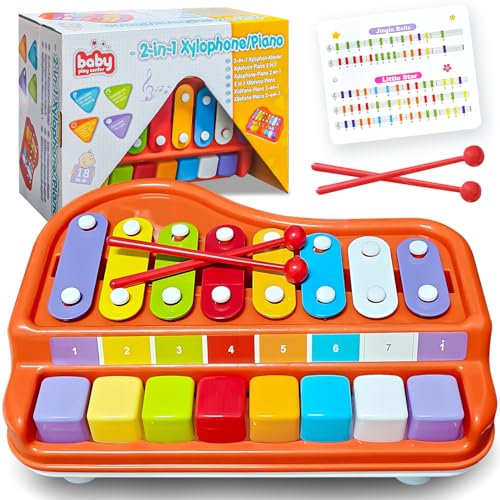 JUYOUNGA Kids Musical Instruments, 2 in 1 Baby Piano Xylophone for Toddlers 1-3 Years Old, 8 Multicolored Key Keyboard, Educational Preschool Music Learning Gift for Children Toddlers
