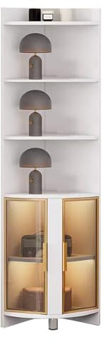 ENHEN Glasvitrine Eckvitrine mit Beleuchtung, 200 cm Hoch, Geschwungene Figurenaufbewahrung, Spirituosenschrank für Schlafzimmer und Büro, Bücherregal Aus Glas(White+Gold)