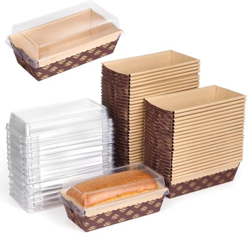 wkao 50 teglie rettangolari in carta con coperchio trasparente, 5,9 × 2,6 × 2 × 2 contenitori da forno usa e getta per pane, torte e dolci