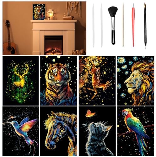 VLYX Art à Gratter pour Adultes et Enfants, Kit 8 Pièces Arc-en-Ciel Lumineux avec Outils de Grattage, Fournitures Créatives pour Enfants et Adultes (Animaux)
