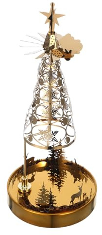FUTUREORYY Drehbarer Kerzenkarussell in Baumform Aus Metall Für Weihnachten Goldener Votivkerzenhalter Drehbares Teelichtkarussell Mit Windmühlen-Design Für Tischdekorationen