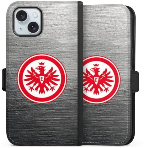 Klapphülle kompatibel mit Apple iPhone 15 Handyhülle aus Kunst Leder schwarz Flip Case Eintracht Frankfurt SGE Logo