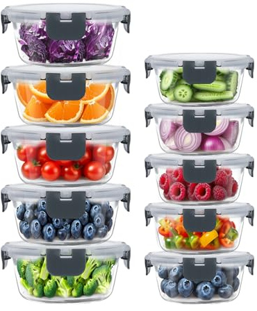 JF HOME BLISS 10-Pack Glass Meal Prep Containers with Airtight Lids,2 Sizes 950ml and 400ml, BPA-Free Borosilicate Glass Food Storage Containers, Leakproof Lunch Box Containers (Round)